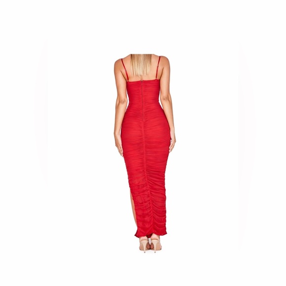 House Of CB Fornarina Red Ruched Bodycon Organza
Mesh Midi Dress with Side Slit - Picture 4 of 16